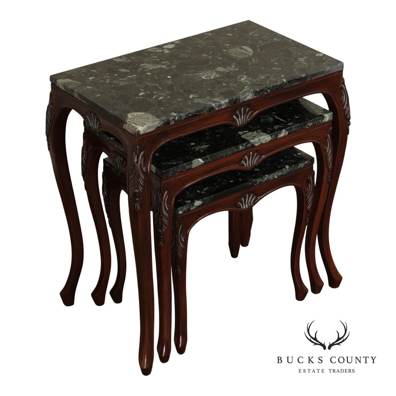 Rococo Style Set of Three Marble Top Mahogany Nesting Tables