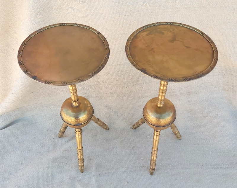 Handmade Pair Moroccan Brass Heavy Tea Table Tripod Stand Middle Eastern Etched gallery