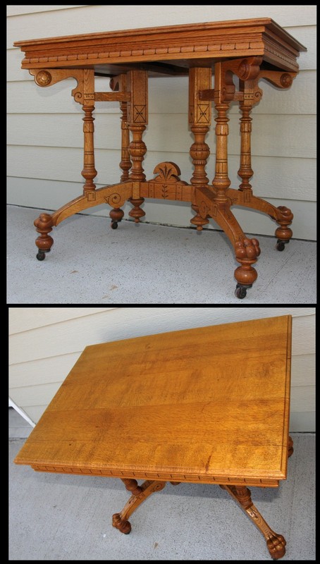 Antique Ornate Solid Quartersawn Oak Heavily Carved 4 Clawfoot Lamp Accent Table gallery