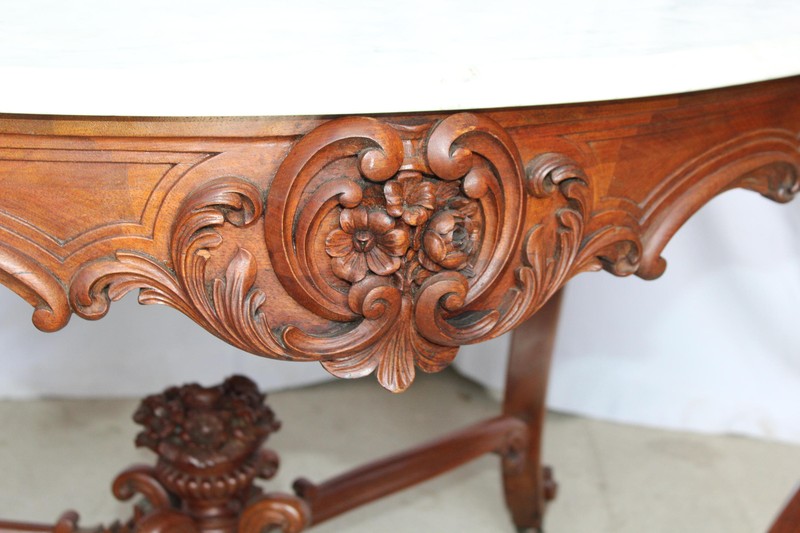 Antique Victorian Walnut Marble top Table – carved flowers in urn gallery