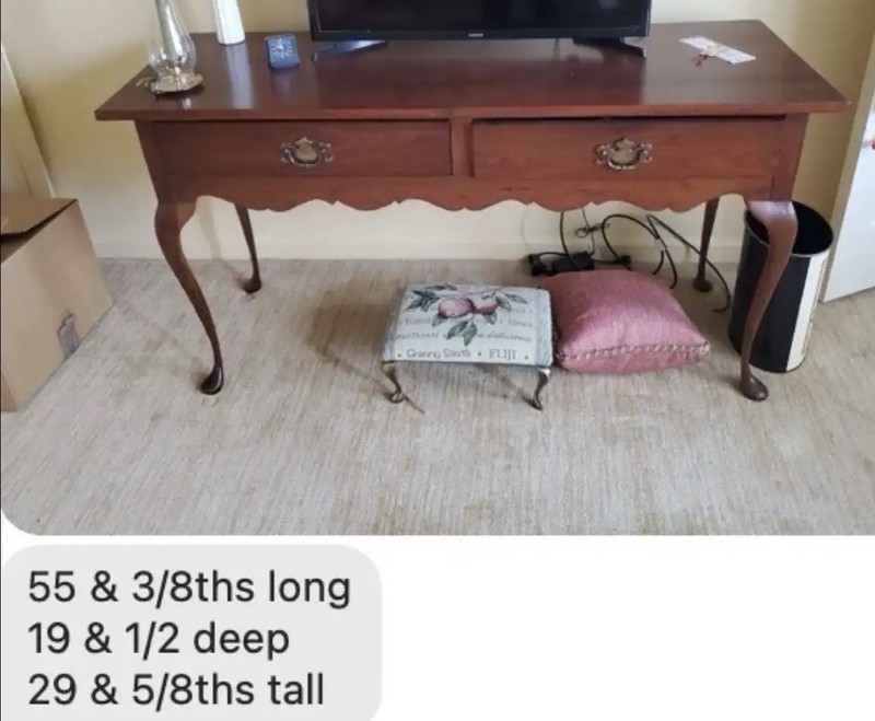 Antique Queen Anne Brown Wood Console Table with 2 Drawers, 55x19x29" gallery