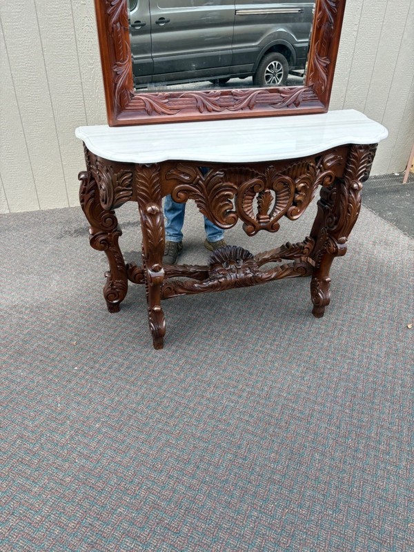 67574 Louis XV Style Marble Top Console Table with Ornate Mirror gallery