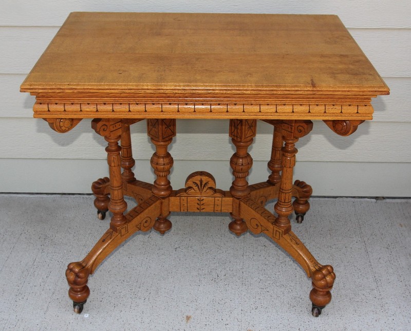 Antique Ornate Solid Quartersawn Oak Heavily Carved 4 Clawfoot Lamp Accent Table gallery