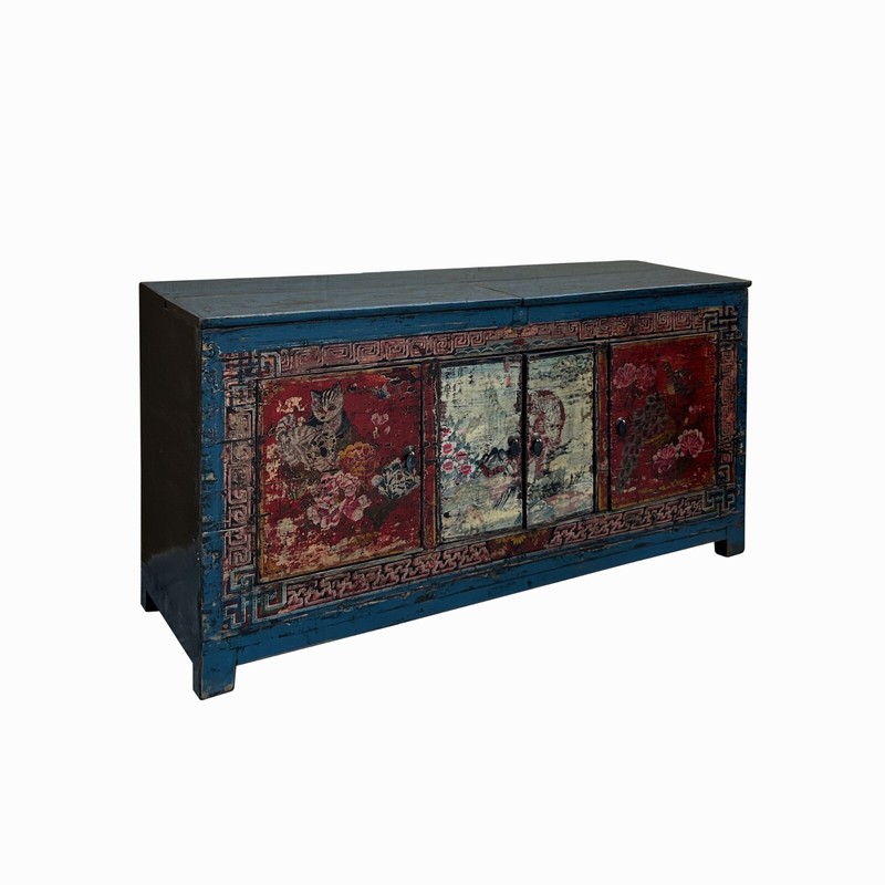 Chinese Distressed Blue Red Tiger Graphic Sideboard Console Cabinet cs7739 gallery