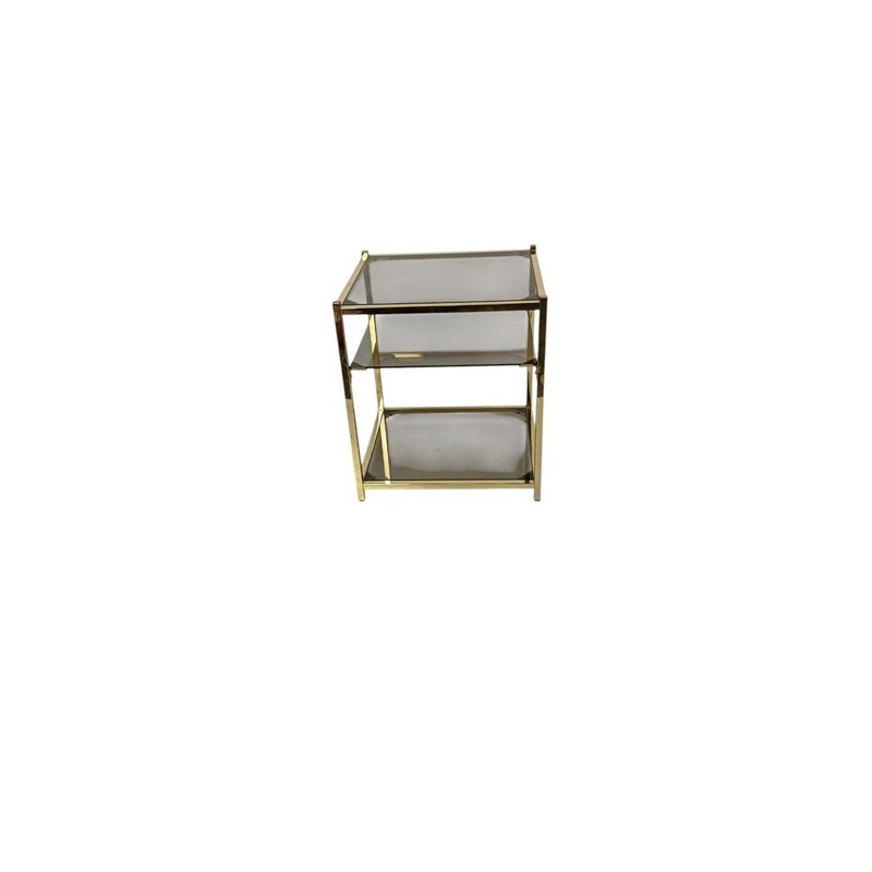 Vintage Hollywood Regency Side Table Three Tier Smoked Glass Dewulf 1970s gallery