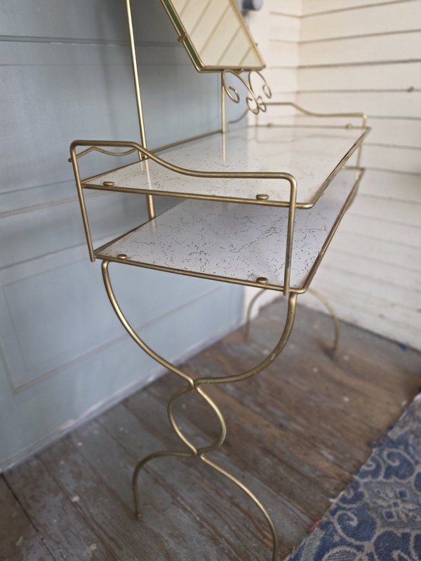 Vintage Gold Metal Atomic Retro Vanity Table Gold Veined Shelves, Tilting Mirror gallery