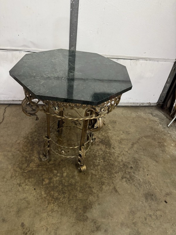 Italian Style Table, Green Marble, Brass Colored Metal Base