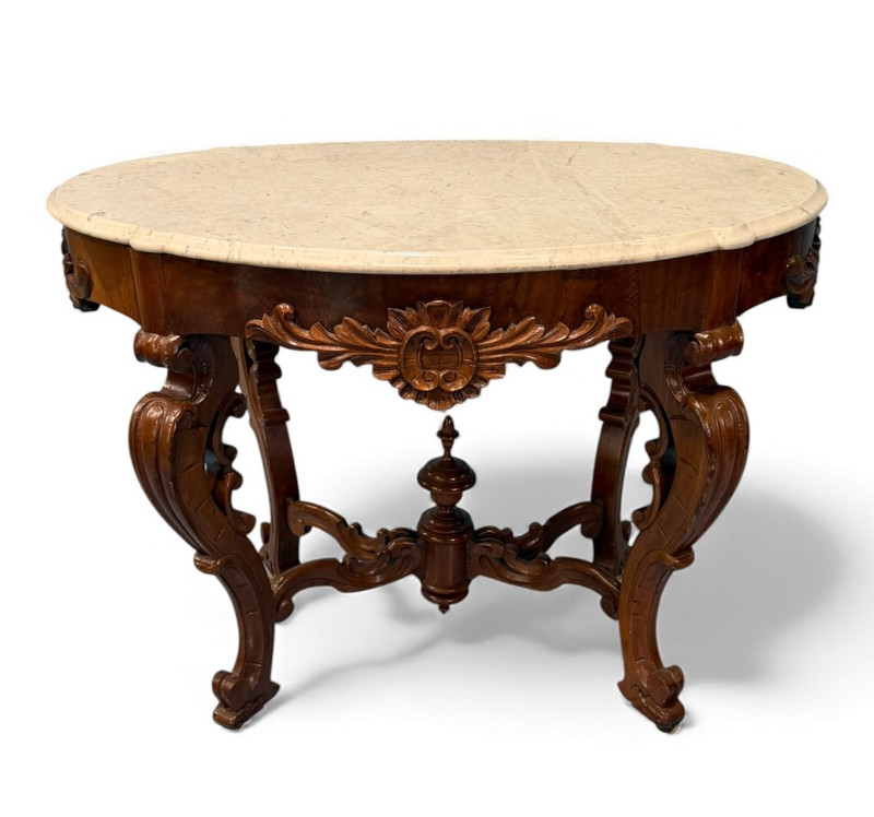 ANTIQUE WALNUT AMERICAN ROCOCO REVIVAL MARBLE TOP CENTER TABLE C.1860'S