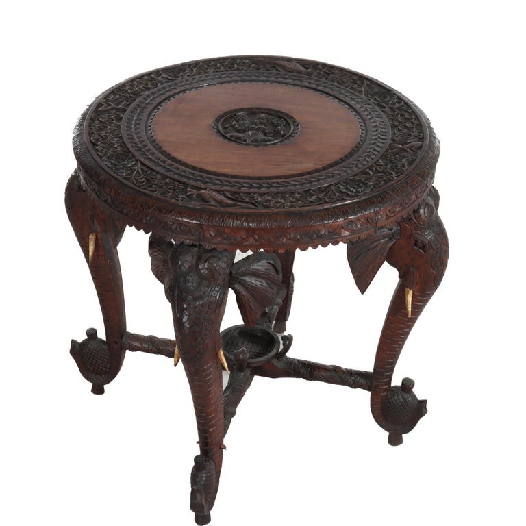 Antique Anglo Indian Figural Carved Rosewood Side Table With Elephants & Figure gallery