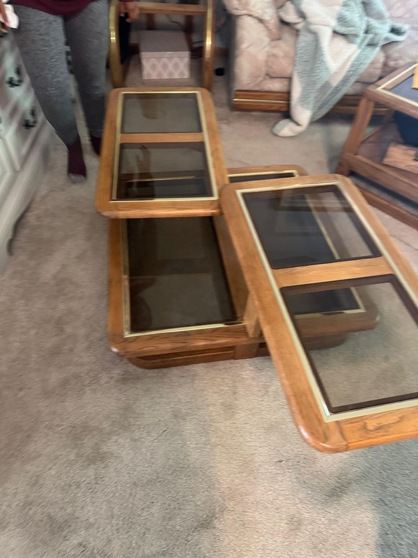 1980's Oak Swivel Glass Coffee Table Three Tiered Surfaces To Set Your Items On. gallery
