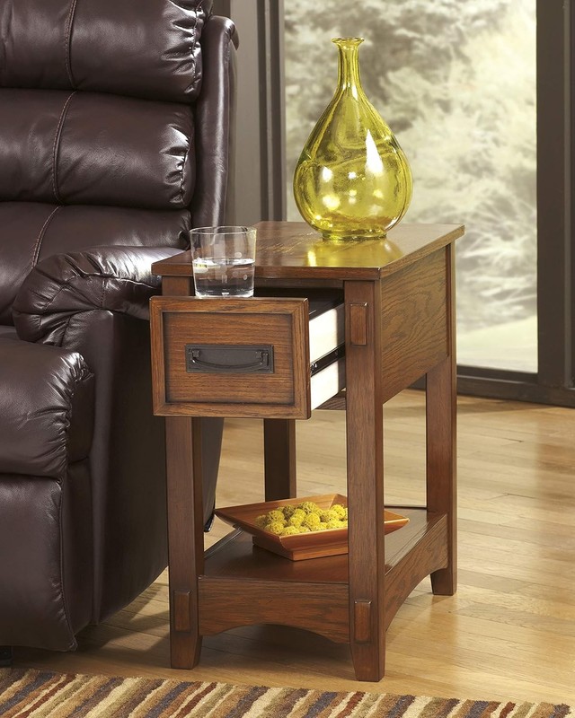 Wooden chairside table with a drawer and a fixed shelf, brown gallery