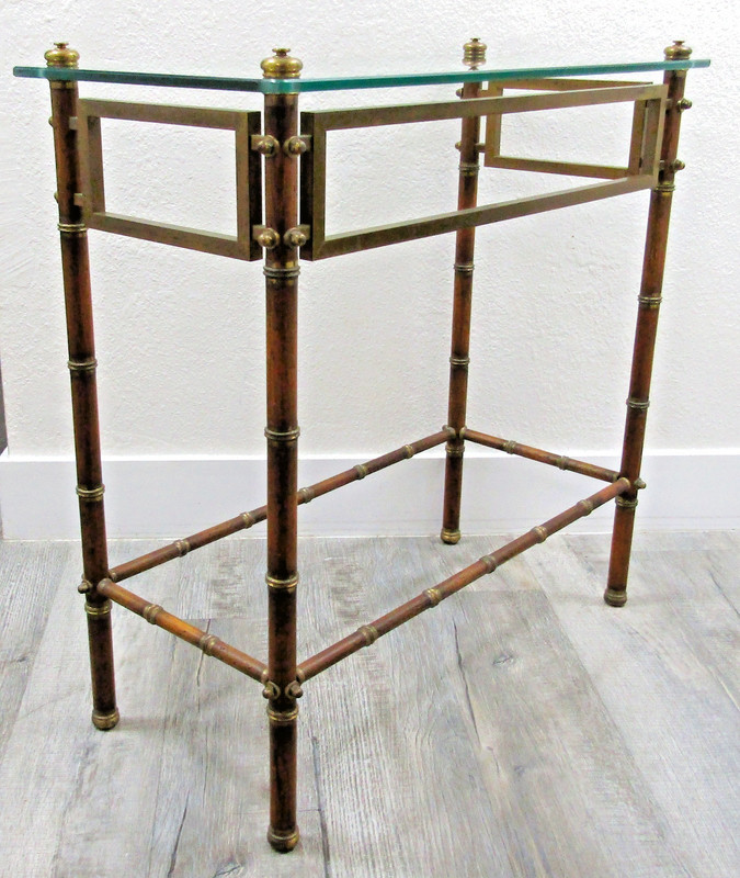 Mid-Century French Maison Baguès Glass Top Faux Bamboo Wood and Brass Side Table
