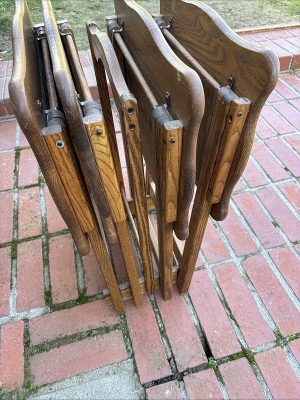 Vintage Set of 4 Unique Folding TV Table Trays & Rack Solid Oak Wood gallery