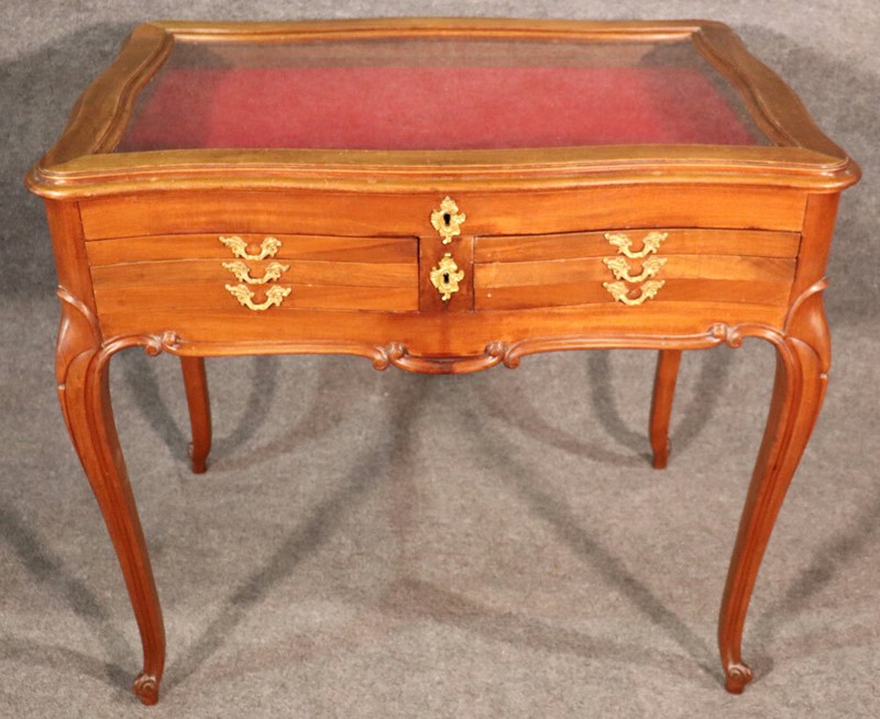 Lockable French Louis XV Walnut Jeweler's Display Table Vitrine with Drawers gallery