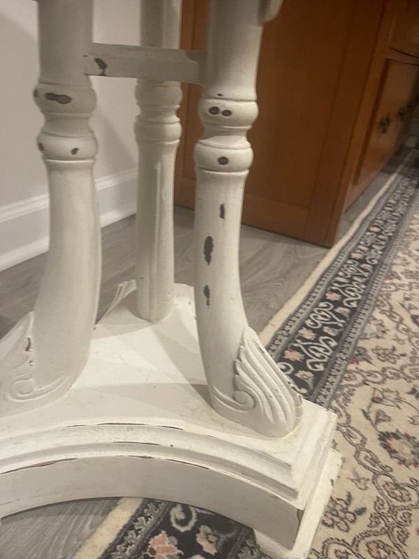 Vintage Table White Paint Over Dark Wood Carved Swan Table 20” Top 27” Floor Top gallery