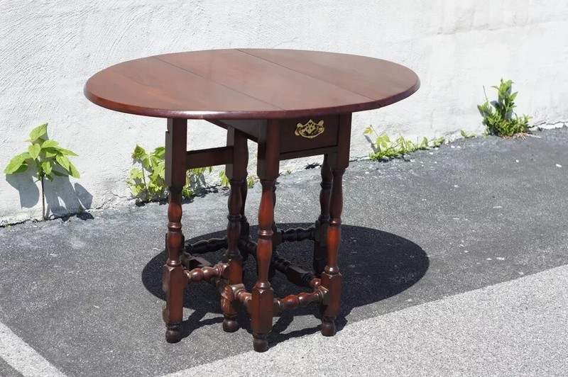 19th C English Jacobean Walnut Drop Leaf Table, Foldable Dining Side Table