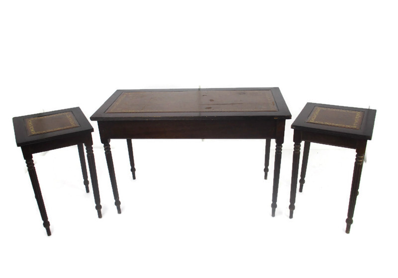 set of 3 large nesting stacking Side Coffee tables Wood Faux Leather Top WOW