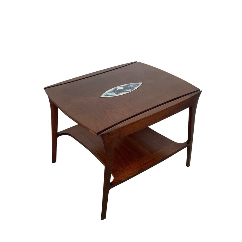 John Stuart Inc Walnut Two-Tier End Table Enamel Inlay Splayed Legs MCM