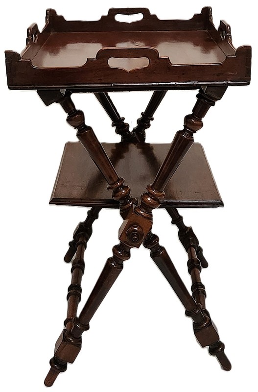 Tea Table, Butler Serving Tray, Folding Stand, Rare Shelf, Walnut, 29"t gallery