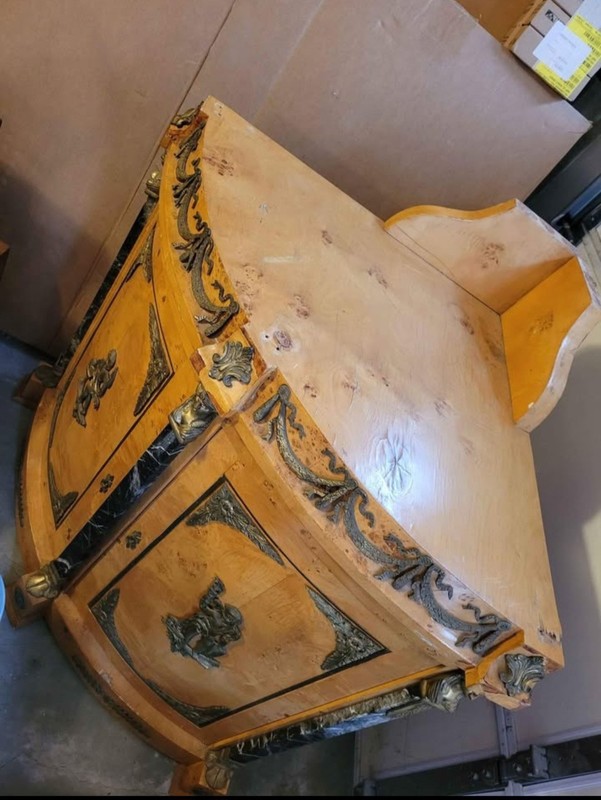 FRENCH EMPIRE REVIVAL BURR WALNUT CORNER CABINET BRONZE SPHINX MOUNTS IN MARBLE gallery