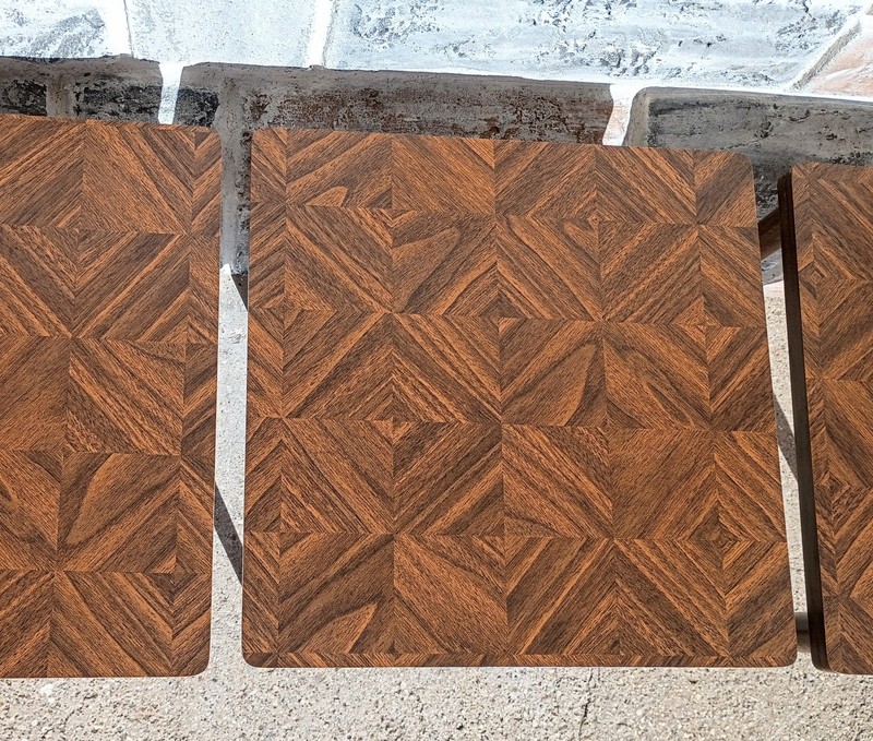 3 Vintage Mid Century Inlaid Look Woodgrain Laminate Stacking Nesting End Tables gallery