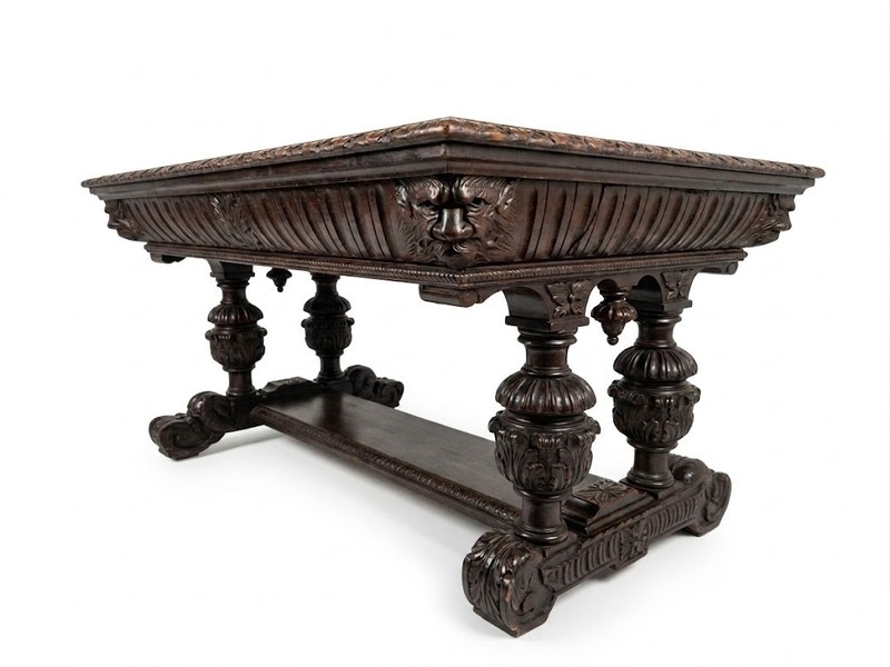 Antique George C Flint Co Library Table Renaissance Revival Carved Oak Man Heads gallery