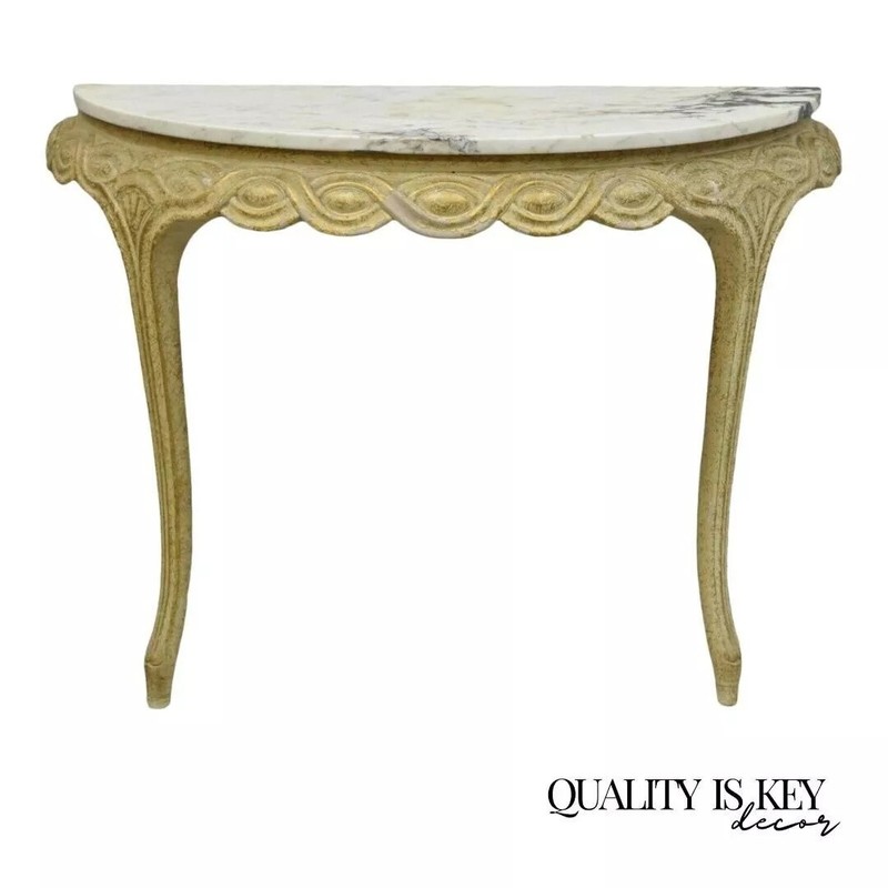 Italian Neoclassical Half Round Demilune Marble Top Ribbon Carved Console Table