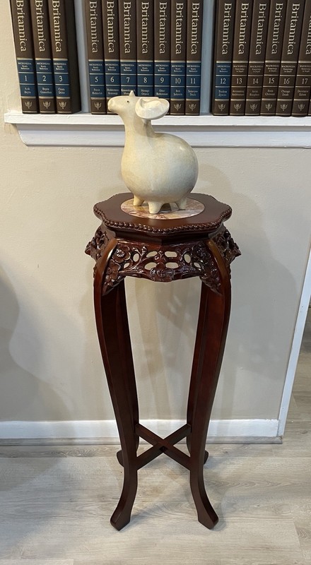 VTG Mid Century Chinoiserie Carved Wood Marble Top Plant Stand Pedestal Table gallery
