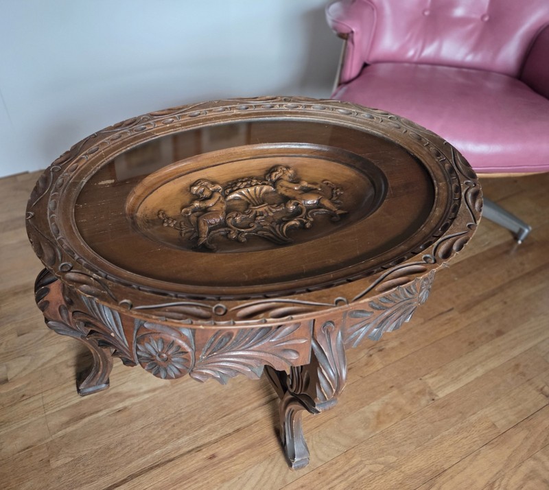 Antique Hand Carved Cherub Coffee Table with Glass Top Serving Tray
