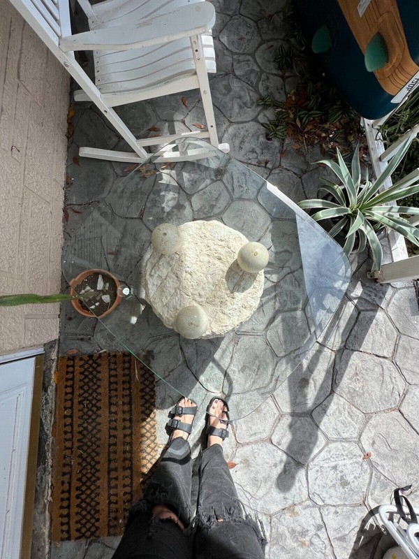 Postmodern Tesselated Mactan Stone and Glass Side/Coffee/Accent/Pedestal Table