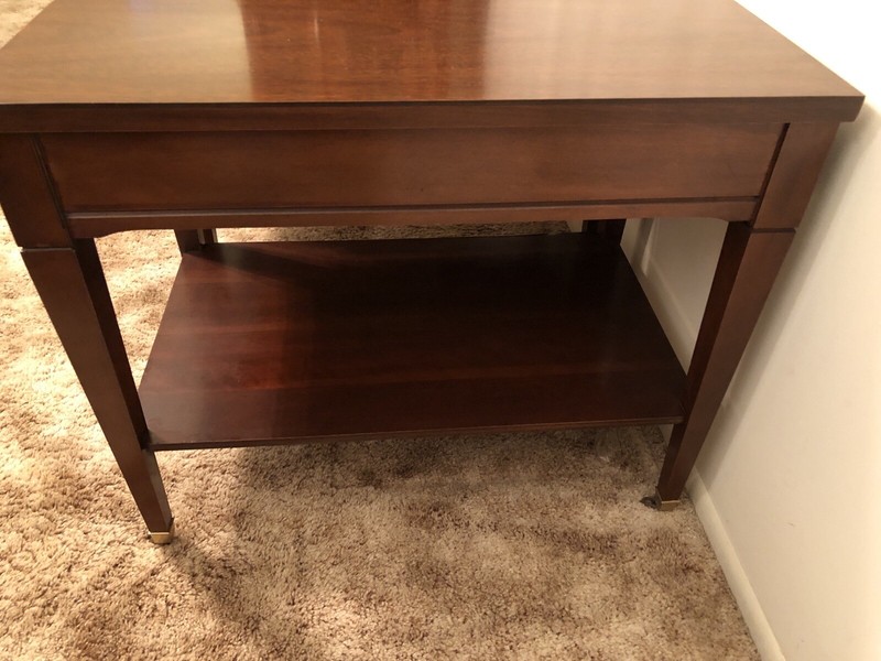 Mid Century (60’s) Federal Style MERSMAN Mahogany Side Tables On Brass Casters gallery
