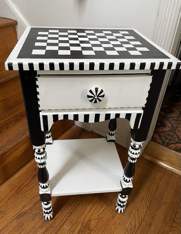 Whimsical Accent Table Side Table Hand Painted Black & White Antique