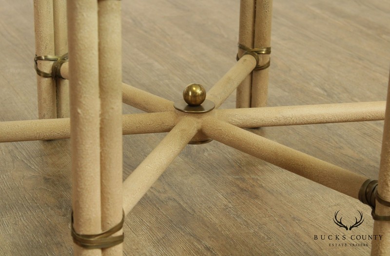 Mid Century Modern Faux Bamboo Wrought Iron & Brass Round Glass Top Coffee Table gallery