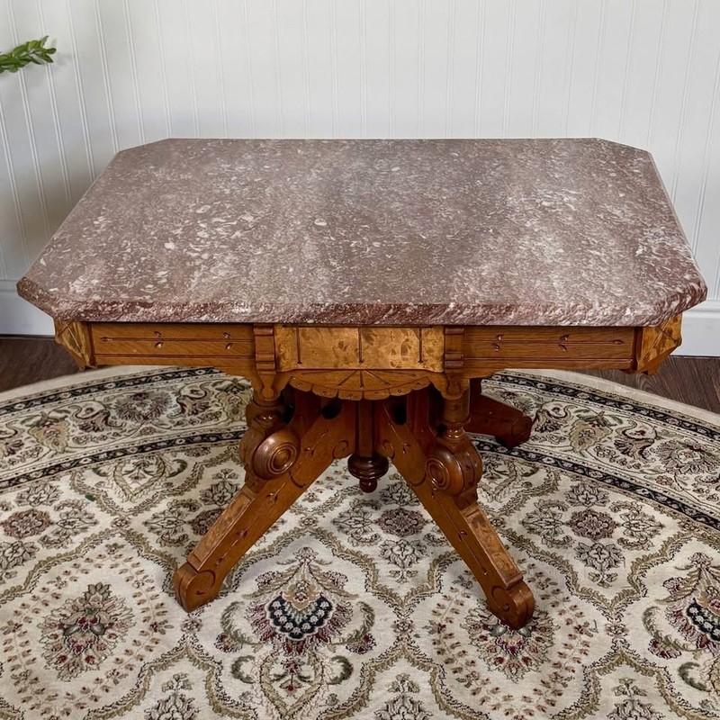 Antique Victorian Walnut & Burl Marble-Top Table – c.1880s gallery