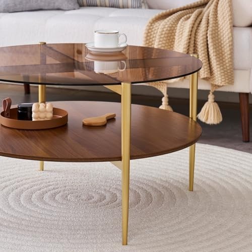 Mid-Century Modern Round Coffee Table, 2-Tier Amber Glass & Walnut, Sleek Metal gallery