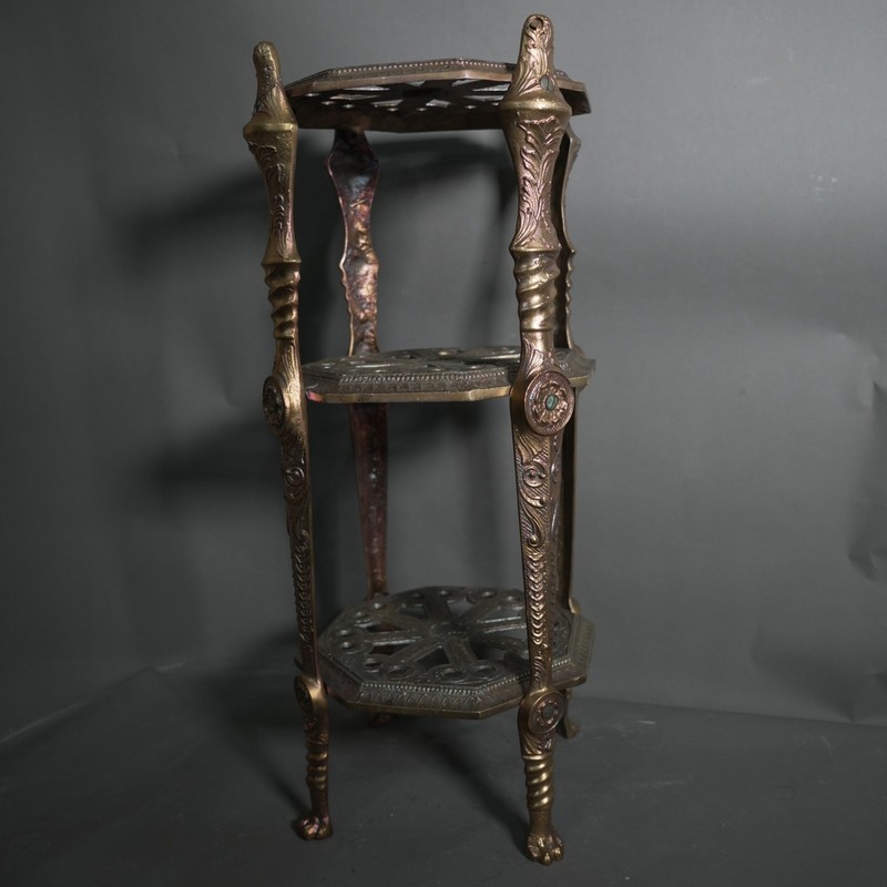 Antique Heavy Ornate French Style Brass Pedestal Accent Table Stand 3 Tier gallery