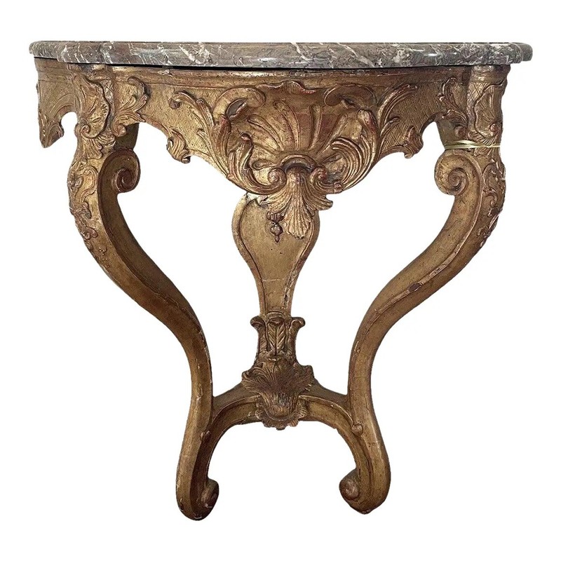 18th Century French Louis Antique Marble & Gilt Wood Demi Lune Tables- a Pair