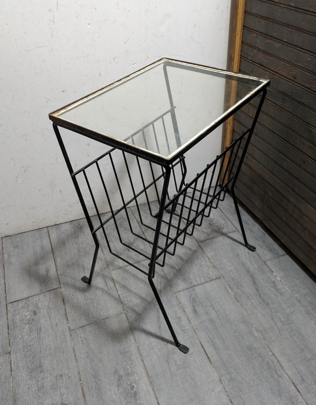 Vintage Mid Century Modern Black Wrought Iron Glass Table with Magazine Rack gallery