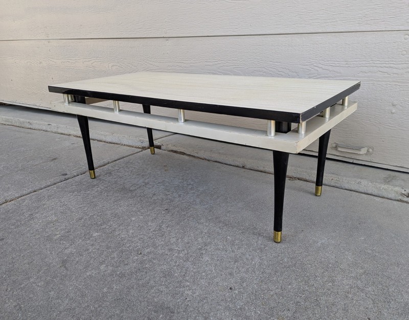 Vintage Mid Century Modern Atomic Formica Coffee Table Wood Brass Tapered Legs gallery