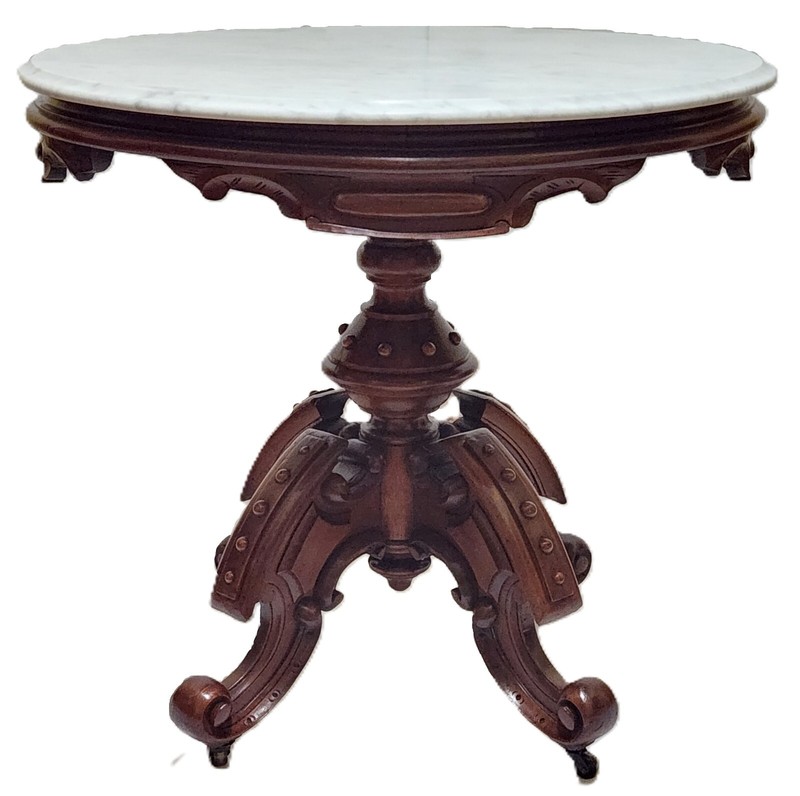 Center Parlor TABLE, Thomas Brooks, Renaissance Victorian, Marble, Pedestal,33″L