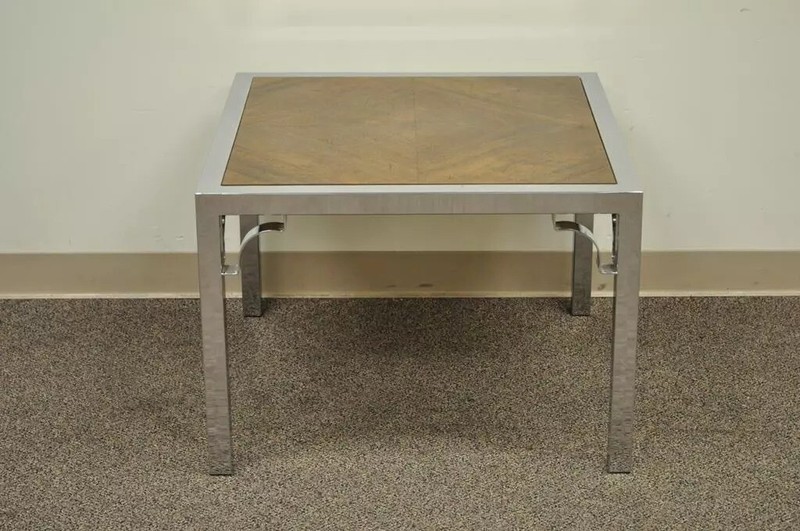 Vintage Mid Century Modern Chrome Fretwork & Walnut Square Side Table gallery
