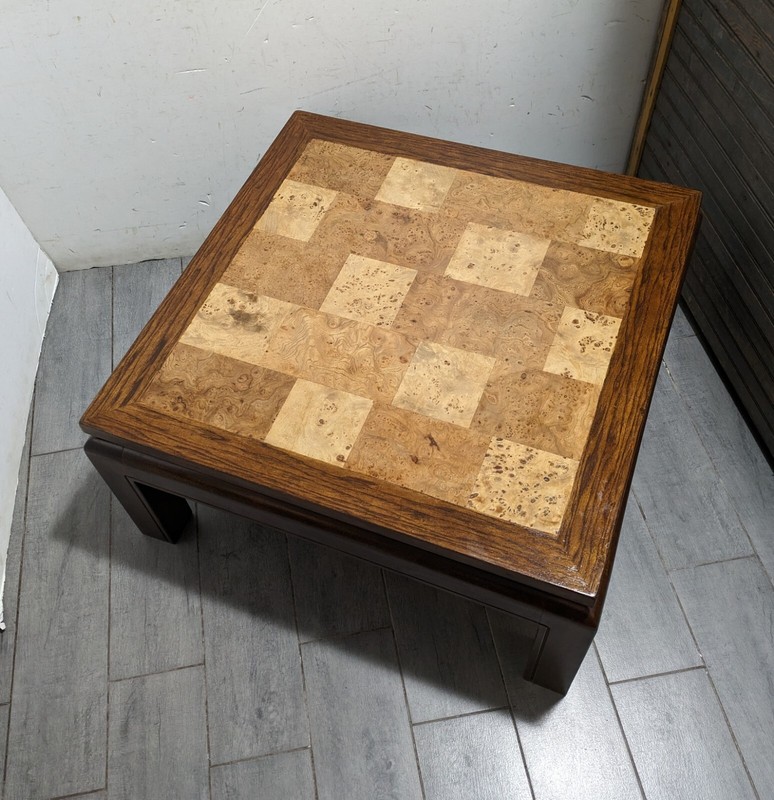 Vintage Asian Ming Style Solid Wood Coffee Table Inlaid Burl Mosaic Parquet Top gallery