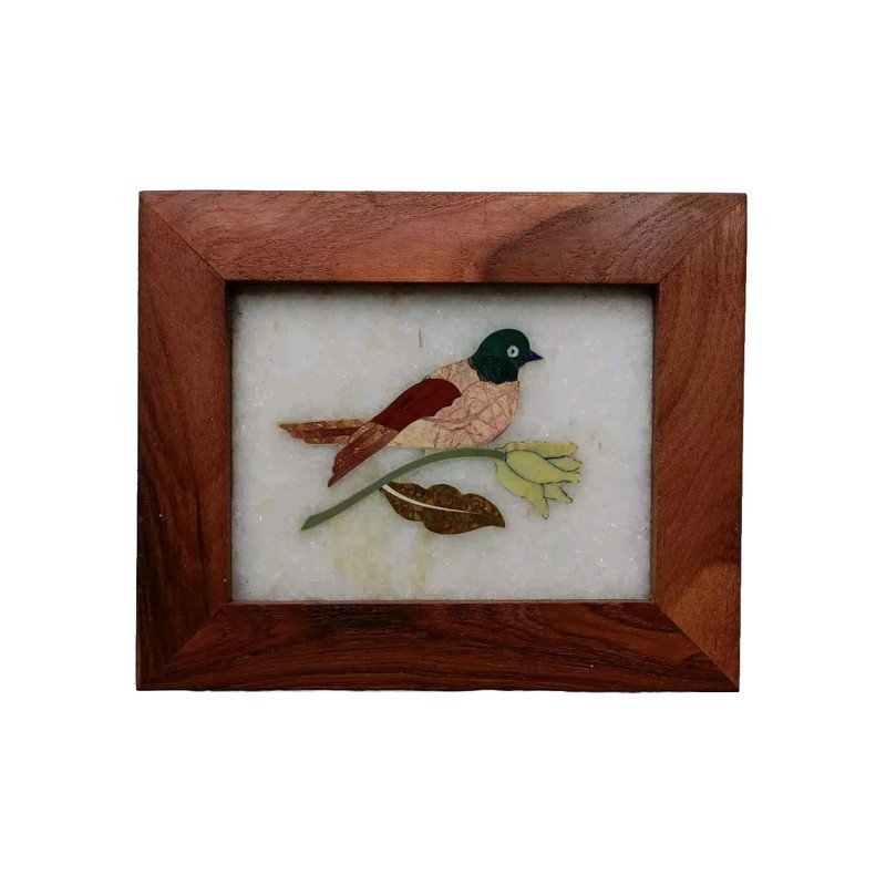 Handmade Colorful Bird Inlayed on Marble Pietra Dura Plaque Micro Mosaic #24