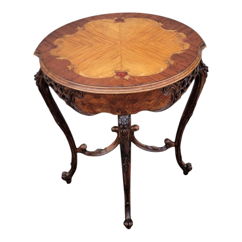 1940s Italian Walnut & Satinwood Inlay Carved Side Sofa Occasional Table