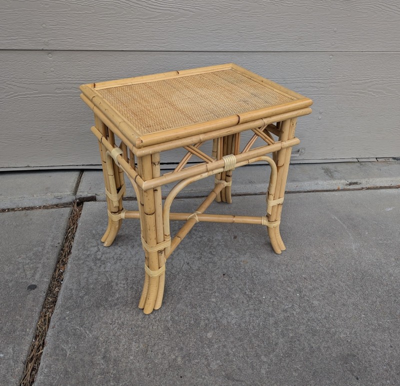 Vintage MCM Boho Chic Bamboo Wicker Rattan Cane Top End Table Tiki Coastal T63 gallery
