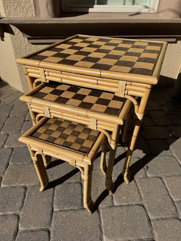 RARE Vtg Nesting Tables leather Strapped Bamboo Rattan John Hutton By Donghia