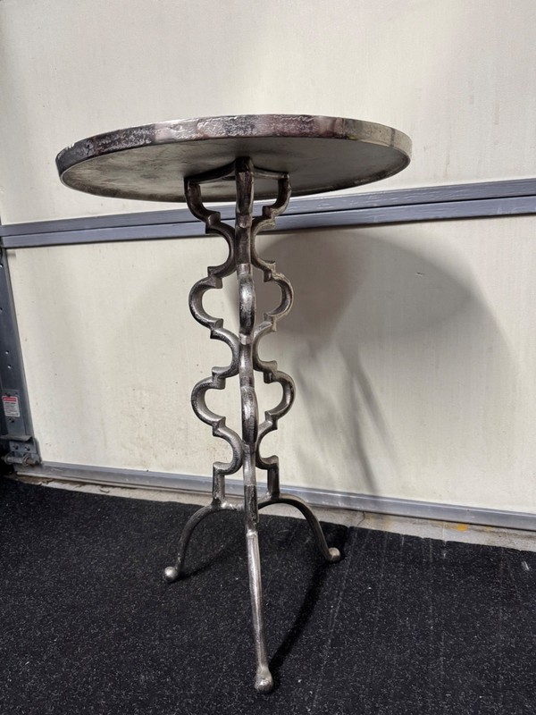 Brutalist Mid-Century Modern Cast Aluminum Accent Table Silver Finish Ornate gallery