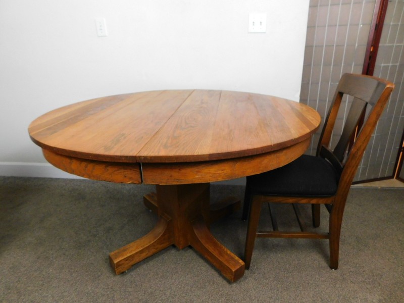 Antique Solid Oak 48" Mission Arts Crafts Round Dining Table Pedestal Base SHIPS gallery
