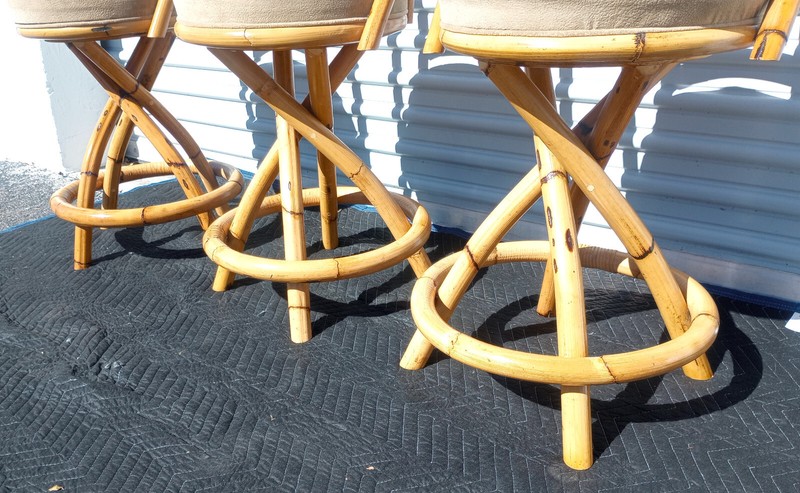Vintage Mid Century Bamboo Rattan Set Of 3 Swivel Bar Stools gallery