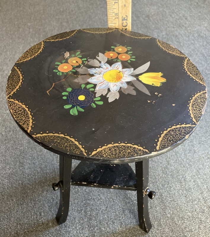 Vintage 3 Legged Black Wooden Plant Stand with Hand-Painted Floral Top Japan gallery